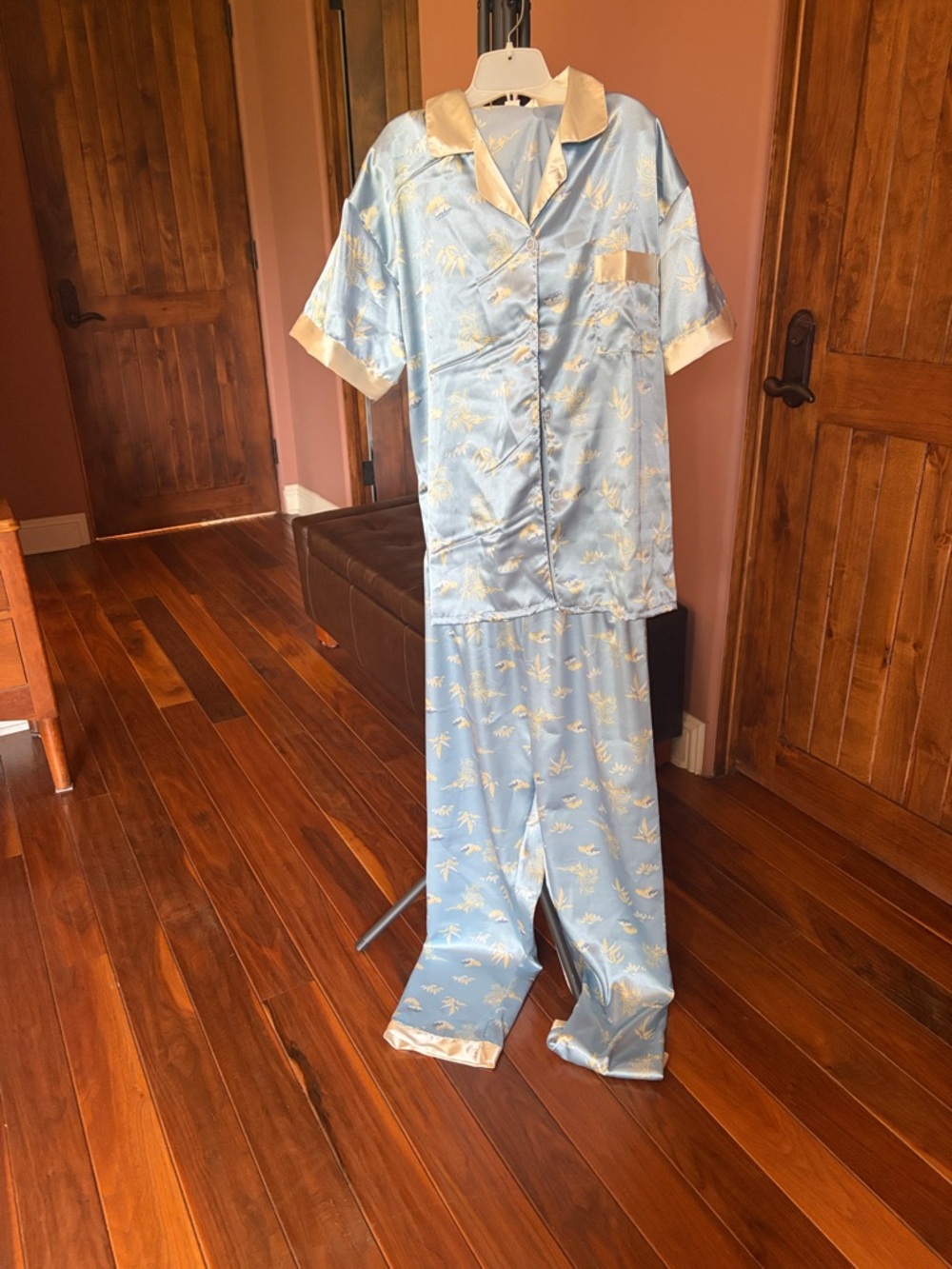 Silky Light Blue Kids Pajama Set with Cream Trim